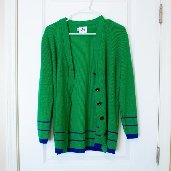 Preppy VTG Ami Sweater Kelly Green Cardigan Striped Collegiate 14 Bright Spring - Picture 2 of 10